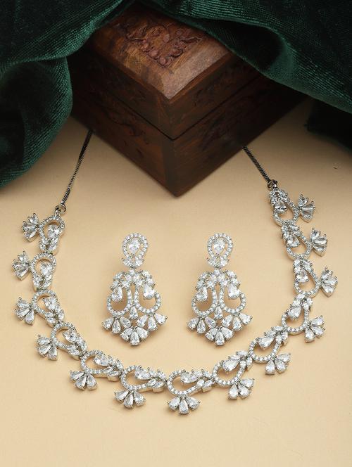 diamond studded silver tone necklace set - 18635845 - Very Small Image - 1