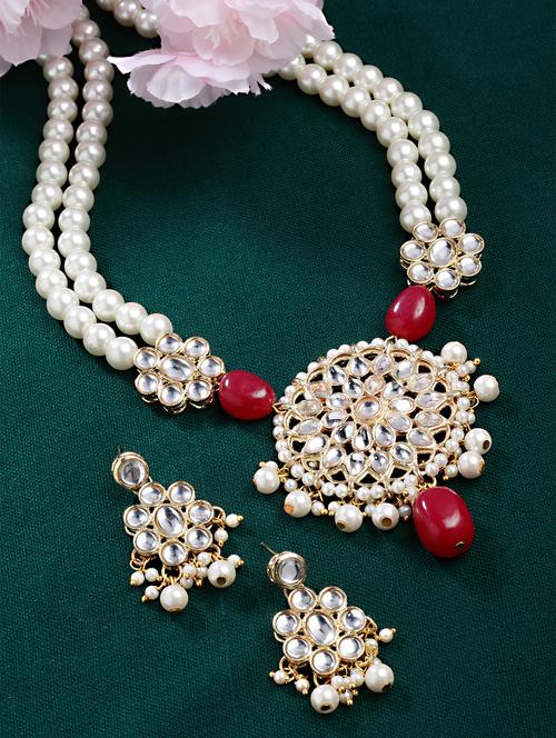 karatcart gold plated red tumble studded pearl kundan necklace set - 18635854 - Very Small Image - 1
