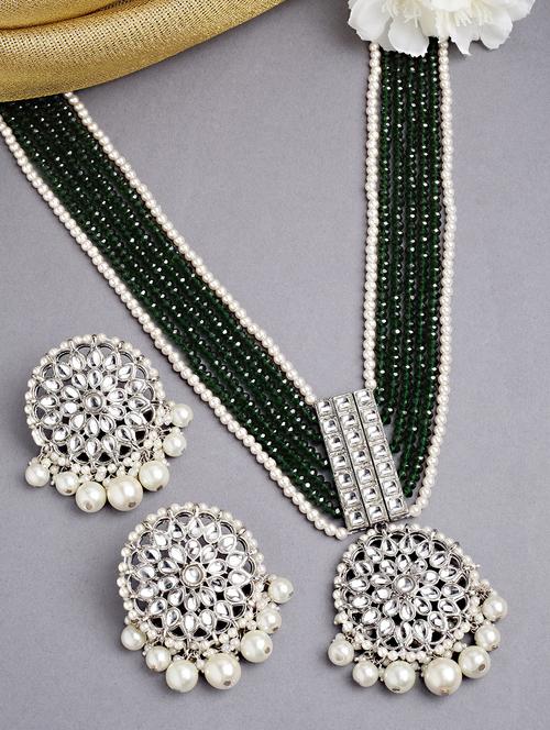 karatcart silver plated green crystal and pearl studded kundan rani-haar necklace set - 18635875 - Very Small Image - 1
