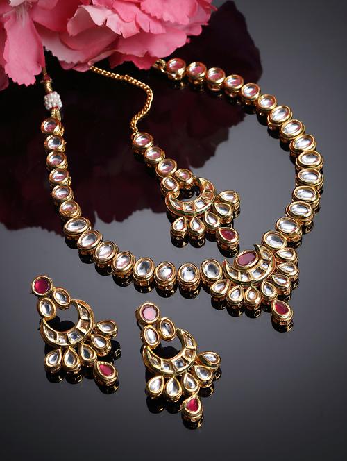 karatcart gold plated moon shape red polki kundan handcrafted necklace set - 18635903 - Very Small Image - 1