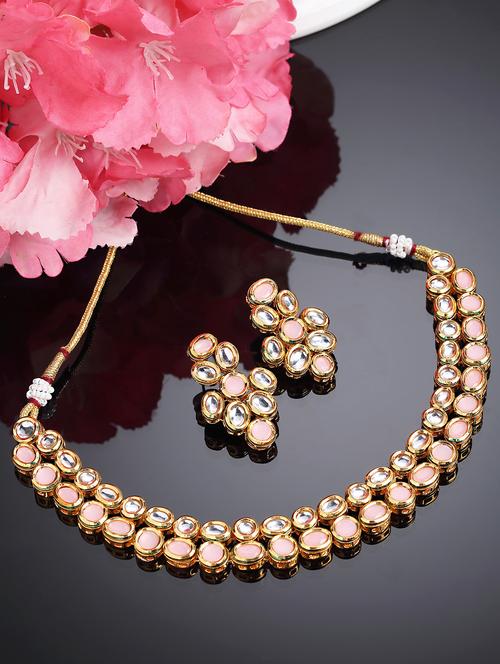 karatcart gold plated pink polki kundan handcrafted necklace set - 18635904 - Very Small Image - 1