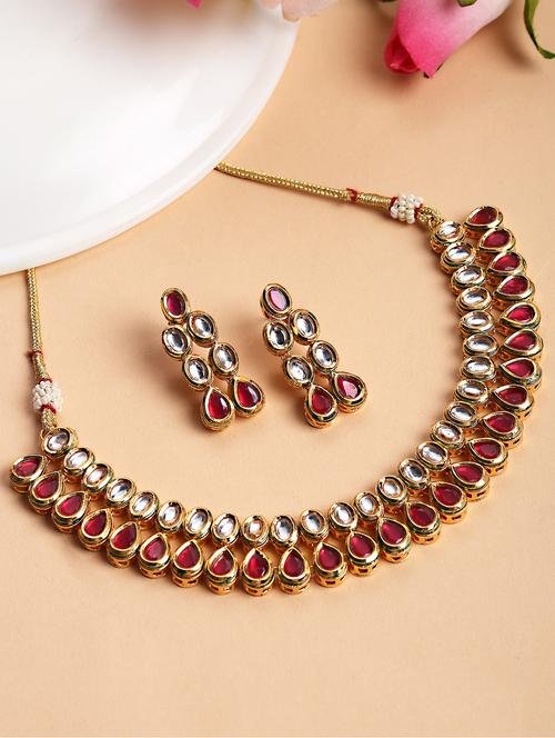 karatcart gold plated red drop polki kundan handcrafted necklace set - 18635907 - Very Small Image - 1