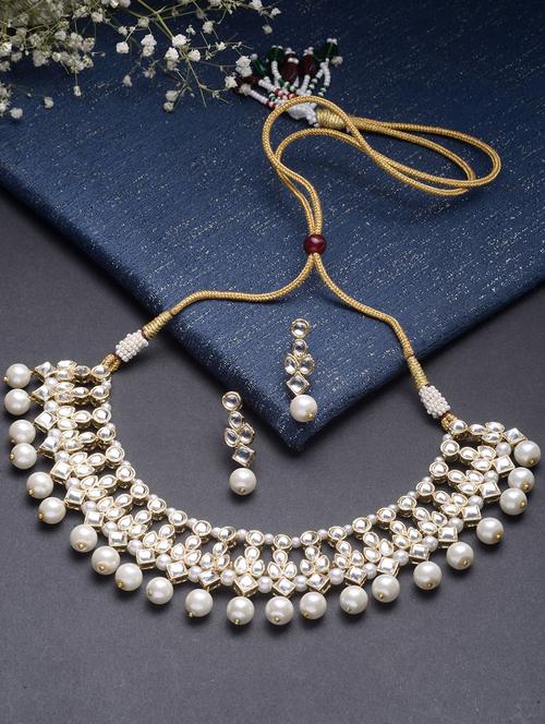karatcart gold plated pearl kundan choker necklace set - 18635915 - Very Small Image - 1