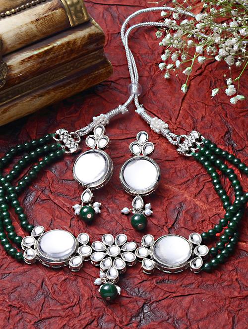 karatcart oxidised silver green multistrand embellished choker necklace set - 18635920 - Very Small Image - 1