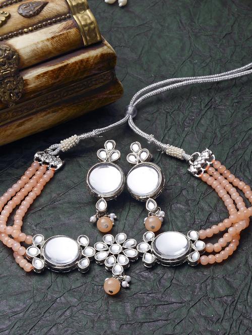 karatcart oxidised silver peach multistrand embellished choker necklace set - 18635922 - Very Small Image - 1