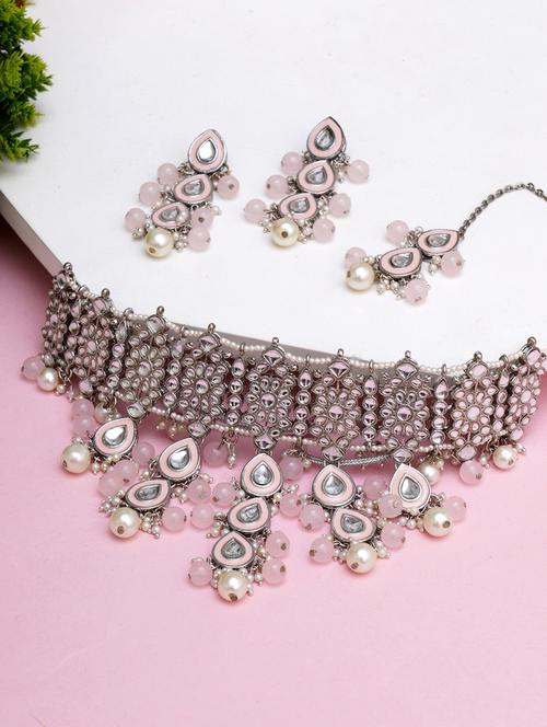 pink metal necklace earring and maang tikka set - 18635963 - Very Small Image - 1