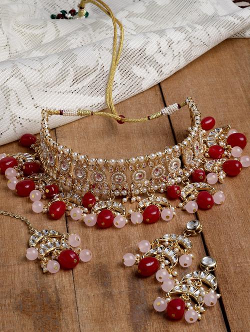 gold plated necklaces earring maang tikka set - 18636006 - Very Small Image - 1