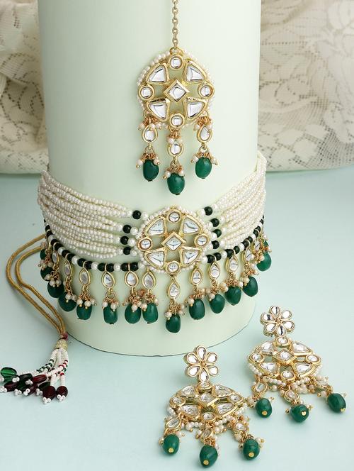 gold plated necklaces earring maang tikka set - 18636067 - Very Small Image - 1