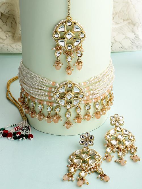 gold plated necklaces earring maang tikka set - 18636069 - Very Small Image - 1
