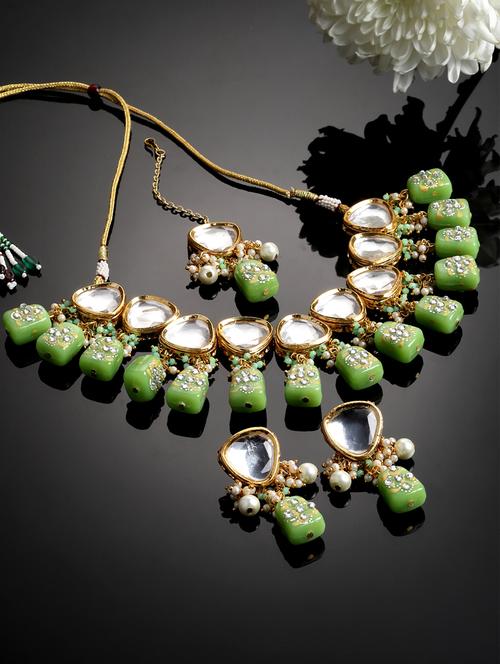 gold plated necklaces earring maang tikka set - 18636074 - Very Small Image - 1