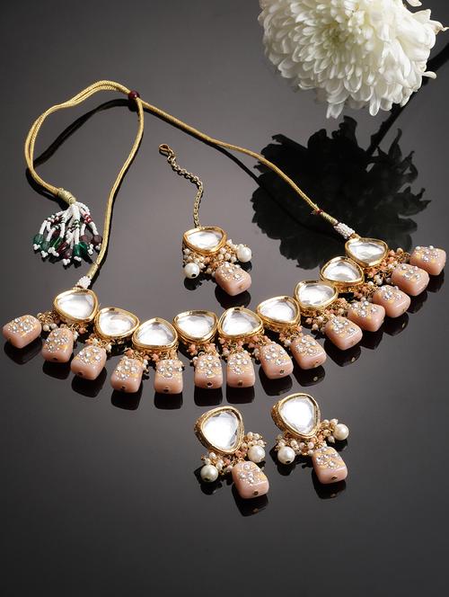 gold plated necklaces earring maang tikka set - 18636077 - Very Small Image - 1