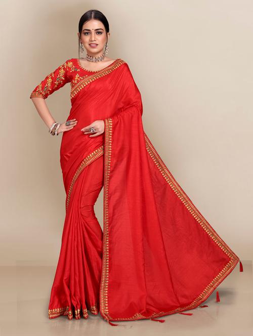 red solid bordered saree with blouse - 18642621 - Very Small Image - 1