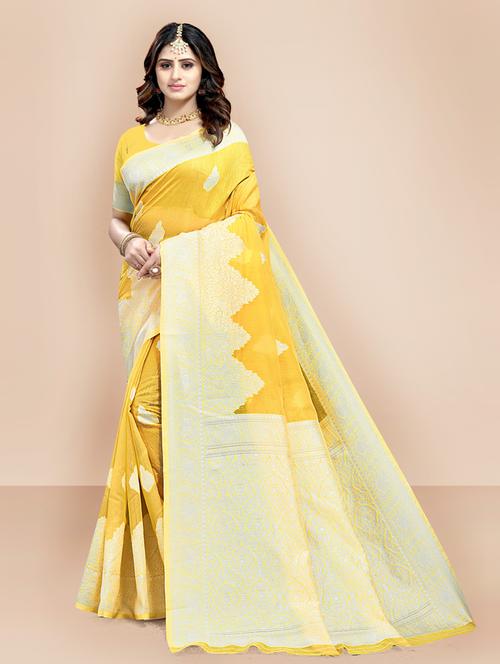 yellow self design woven saree with blouse - 18642634 - Very Small Image - 1