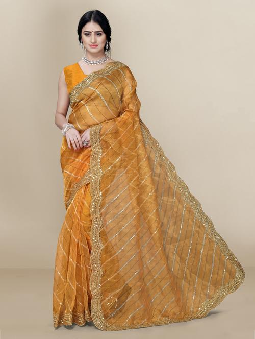 yellow sequence work saree with blouse piece - 18642645 - Very Small Image - 1