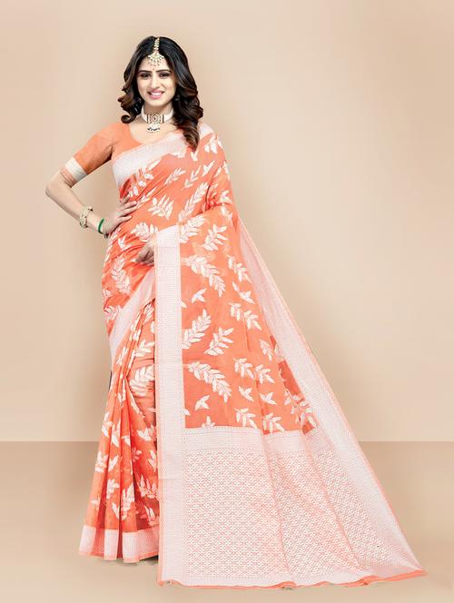 orange woven self design saree with blouse - 18642664 - Very Small Image - 1