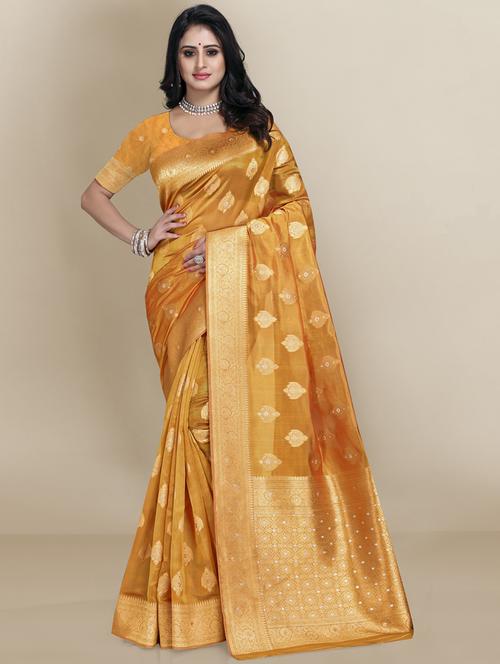 yellow woven self design saree with blouse - 18642666 - Very Small Image - 1