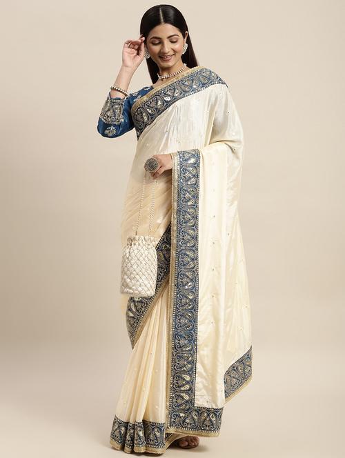cream green embroidered border saree with blouse - 18642668 - Very Small Image - 1