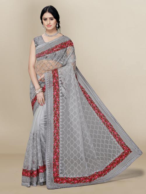 grey embroidered saree with blouse piece - 18642684 - Very Small Image - 1