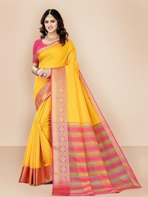 yellow self design woven saree with blouse - 18642688 - Very Small Image - 1