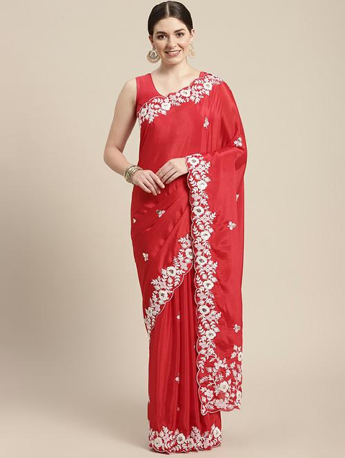 red embroidered saree with blouse piece - 18642698 - Very Small Image - 1