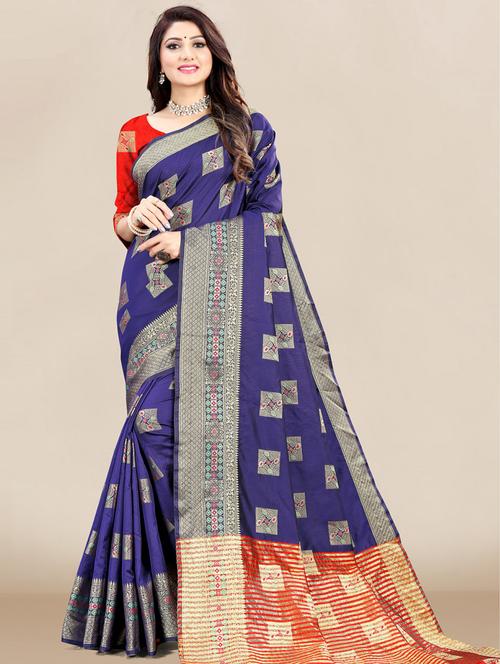 women's self design navy blue colored saree with blouse - 18642848 - Very Small Image - 1