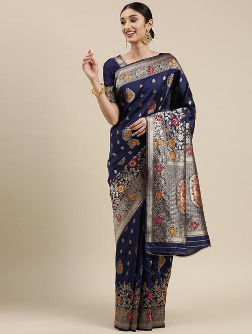 navy self design woven saree with blouse - 18642891 - Very Small Image - 1