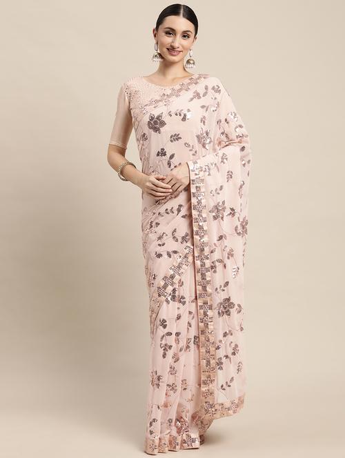 women's floral peach colored saree with blouse - 18643042 - Very Small Image - 1