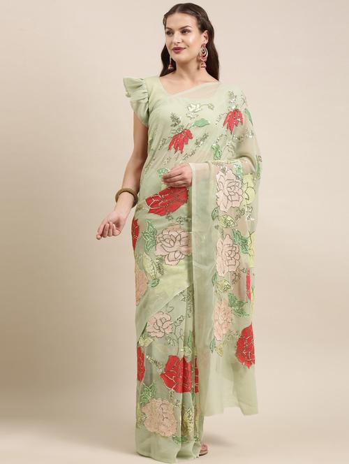 olive colored embroidered saree with blouse - 18643141 - Very Small Image - 1