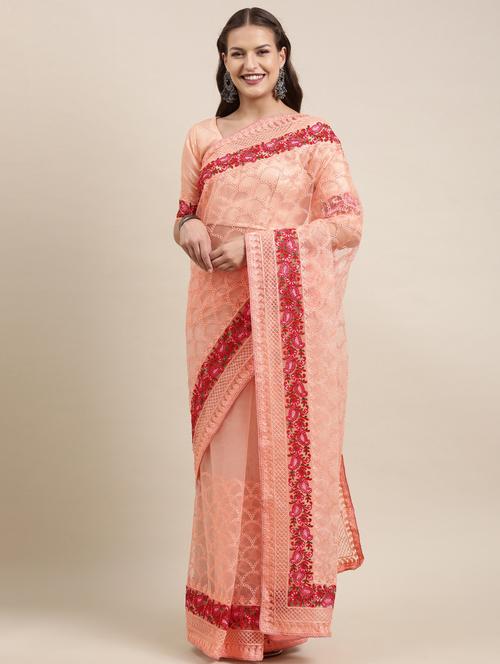 coral colored embroidered saree with blouse - 18643159 - Very Small Image - 1