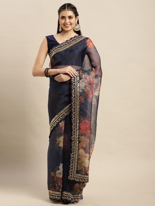 floral printed with bordered saree with blouse - 18643186 - Very Small Image - 1