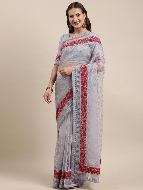 embroidered printed net saree with blouse - 18643243 - Very Small Image - 1