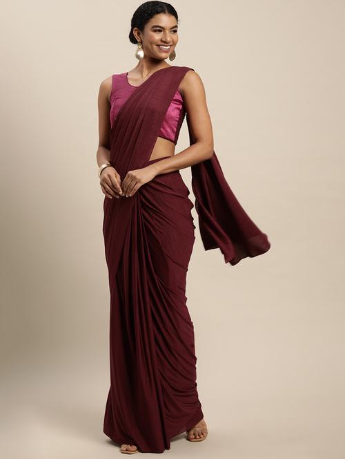 women's solid maroon colored saree with blouse - 18643285 - Very Small Image - 1