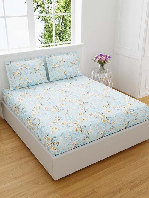 jaipur fabric miniflora blue king size bedsheet with 2 pillow covers - 18645516 - Very Small Image - 1