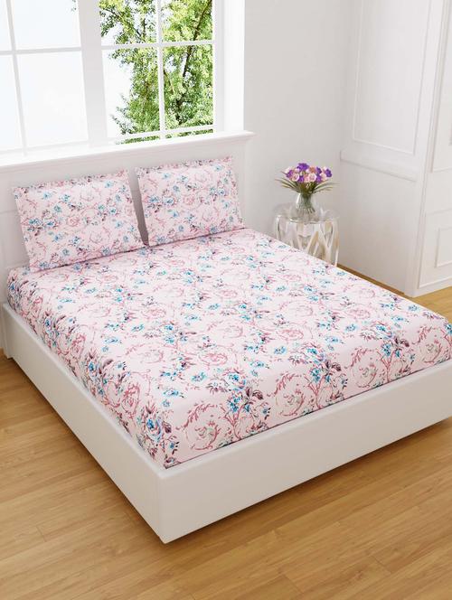 jaipur fabric miniflora peach king size bedsheet with 2 pillow covers - 18645517 - Very Small Image - 1