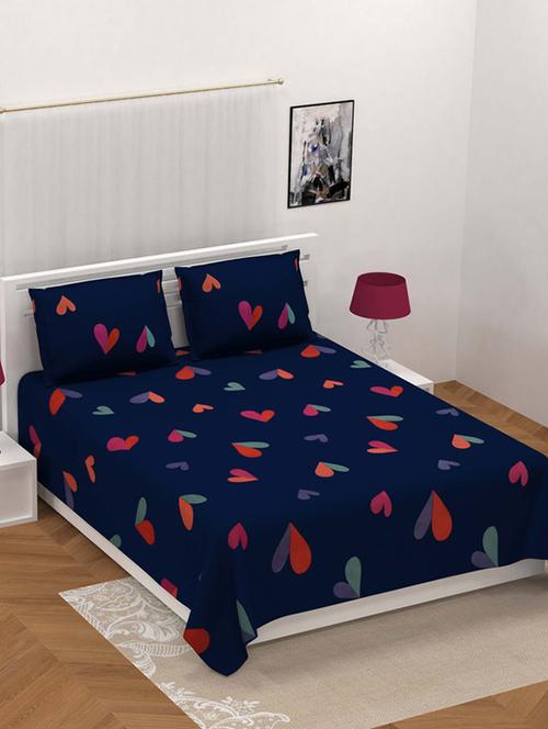 jaipur fabric navy blue shade with multicolored hearts design double bedsheet with 2 pillow covers - 18645531 - Very Small Image - 1