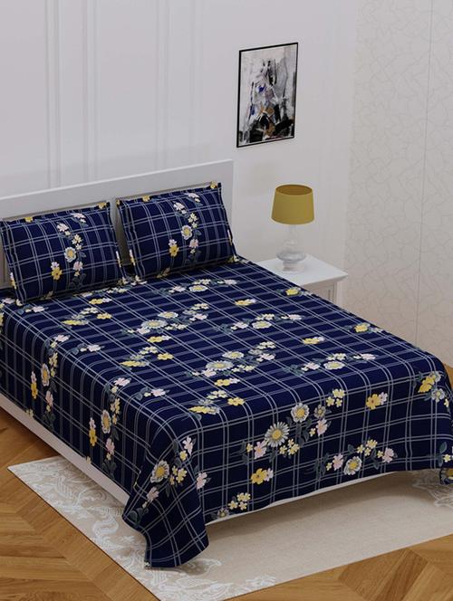 jaipur fabric navy blue sun floral super soft double bedsheet with 2 pillow covers - 18645542 - Very Small Image - 1