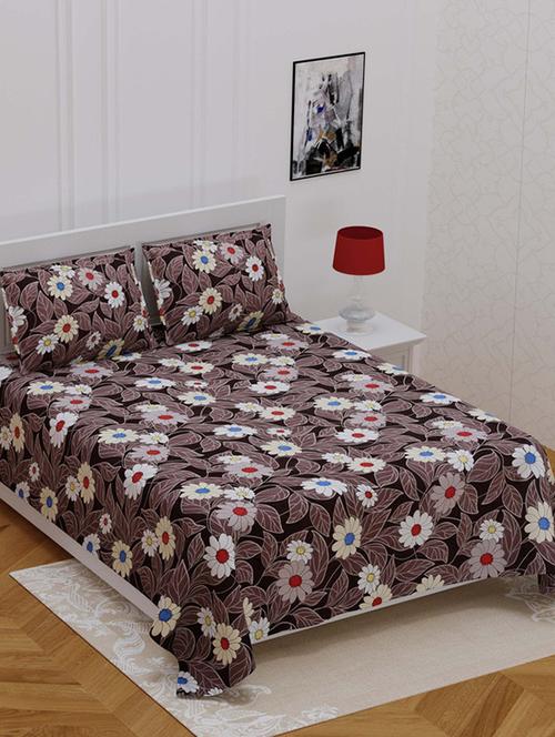 jaipur fabric chocolate brown multi floral super soft double bedsheet with 2 pillow covers - 18645543 - Very Small Image - 1