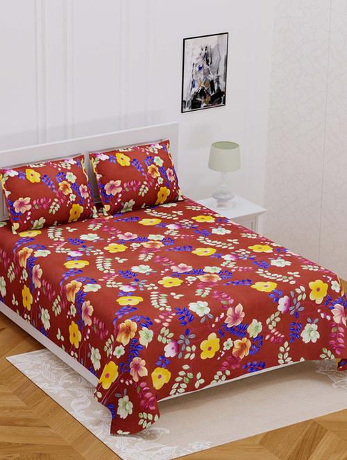 jaipur fabric redish multi floral super soft double bedsheet with 2 pillow covers - 18645546 - Very Small Image - 1