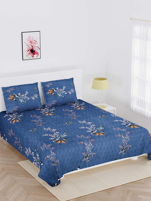 jaipur fabric navy blue butterfly super soft double bedsheet with 2 pillow covers - 18645555 - Very Small Image - 1
