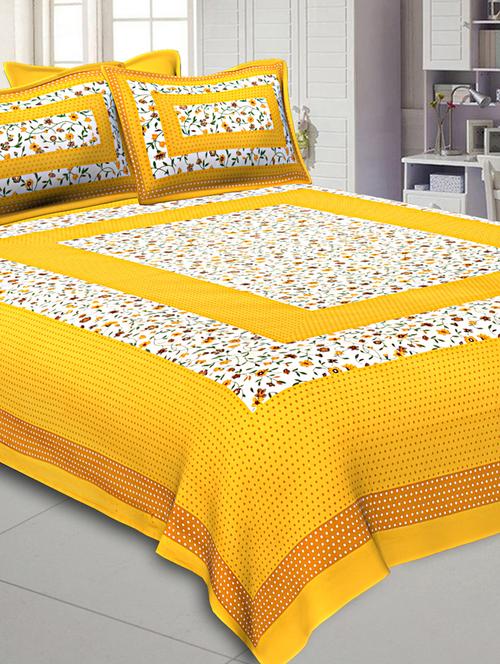 jaipur fabric floral double bedsheet yellow color dotted border with 2 pillow covers - 18645599 - Very Small Image - 1