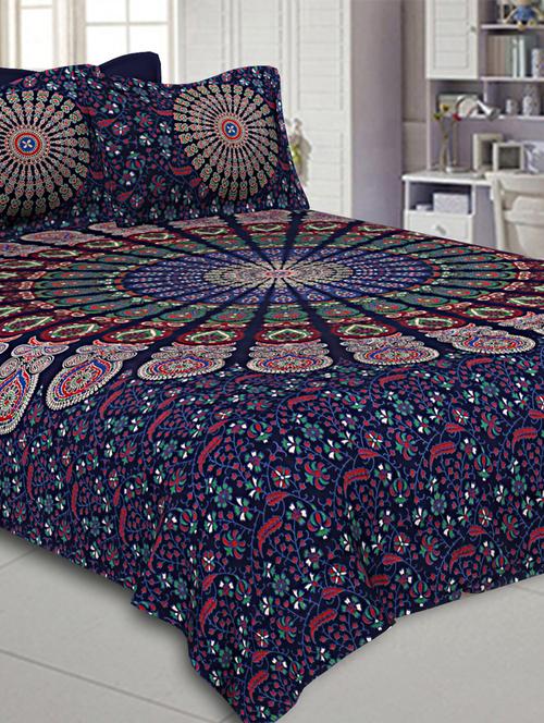 jaipur fabric blue mandala double bedsheet tapestry with 2 pillow covers - 18645600 - Very Small Image - 1