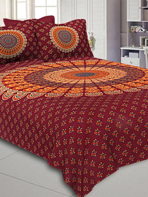 jaipur fabric crimson red mandala bedsheet tapestry floral print with 2 pillow covers - 18645602 - Very Small Image - 1