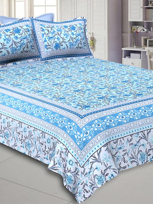 jaipur fabric awesome leaves blue cream double bedsheet with 2 pillow covers - 18645607 - Very Small Image - 1