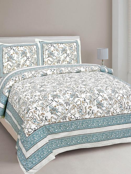 jaipur fabric pure cotton paisley floral ethnic border jaipuri double bedsheet with 2 pillow covers - 18645610 - Very Small Image - 1