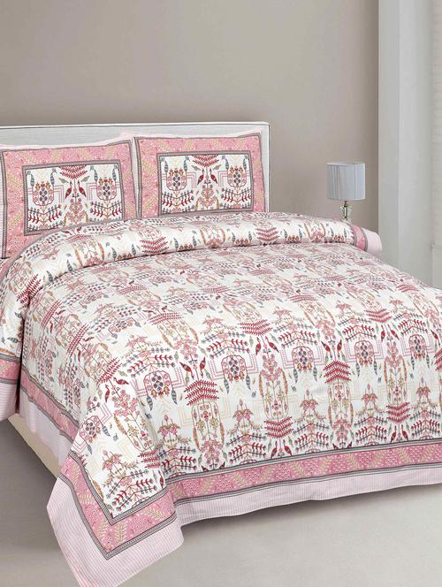 jaipur fabric pure cotton artistic modern pink cream jaipuri double bedsheet with 2 pillow covers - 18645611 - Very Small Image - 1