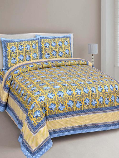 jaipur fabric navy blue lotus on yellow base floral pure cotton double bedsheet with 2 pillow covers - 18645617 - Very Small Image - 1