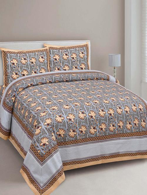 jaipur fabric mustard lotus on grey base floral pure cotton double bedsheet with 2 pillow covers - 18645619 - Very Small Image - 1