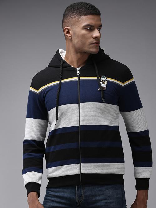 hooded neck striped casual jacket - 18650444 - Very Small Image - 1
