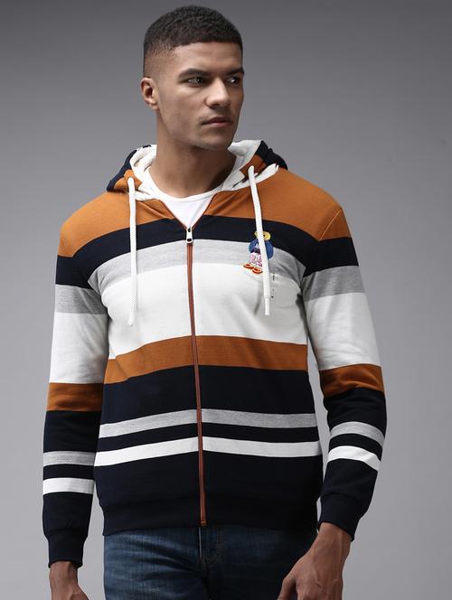 hooded neck striped casual jacket - 18650447 - Very Small Image - 1