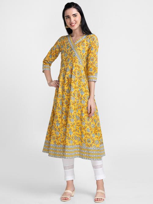 yellow printed angrakha kurta - 18651250 - Very Small Image - 1
